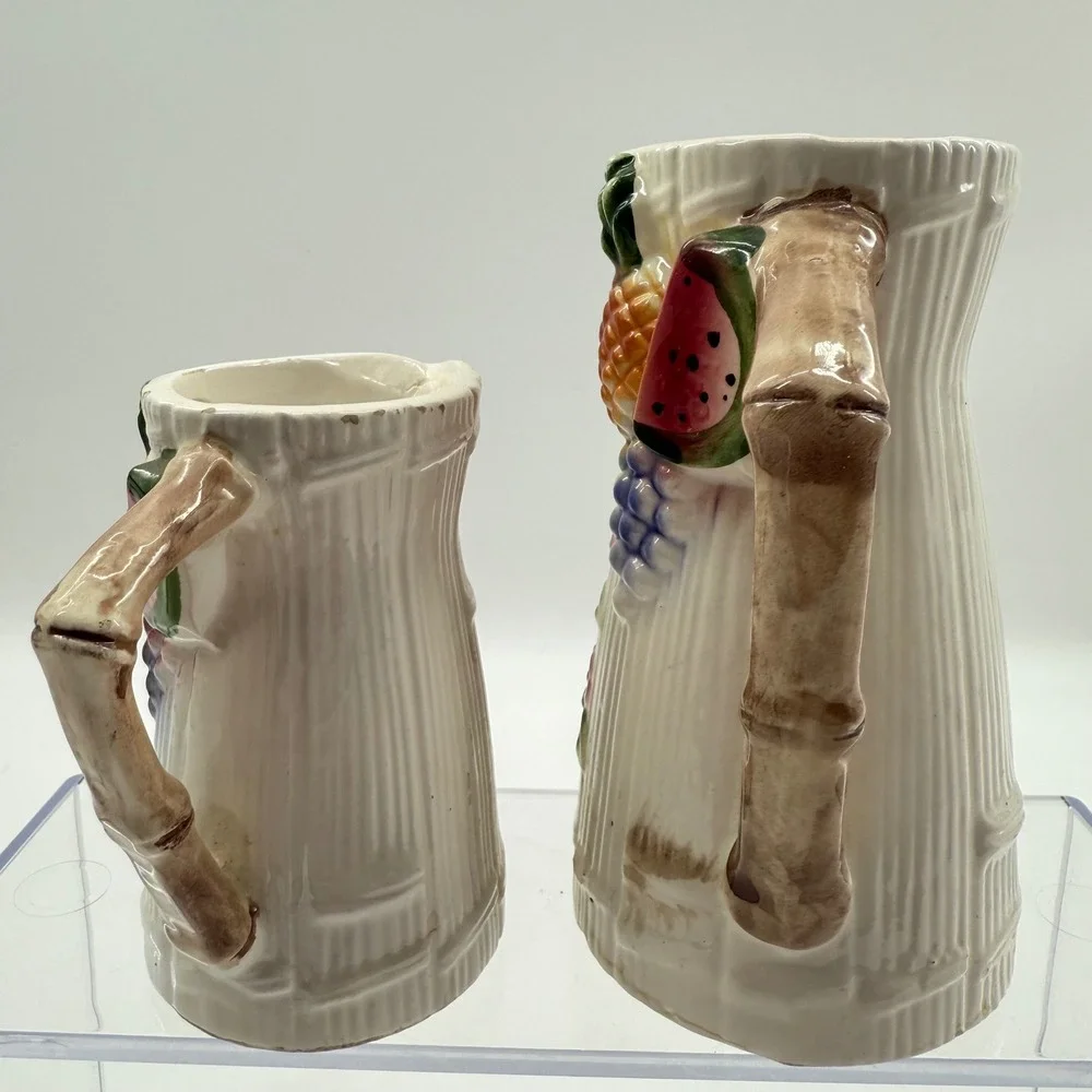 Vintage Ceramic Pitcher Creamer Japan Bamboo Fruit Floral Tropical‎ Retro Decor